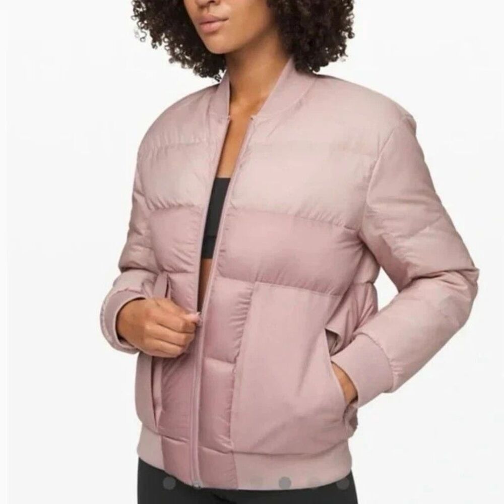 Lululemon Athletica Roam Far Wool Bomber Jacket Porcelain Pink Sz 8 reversible